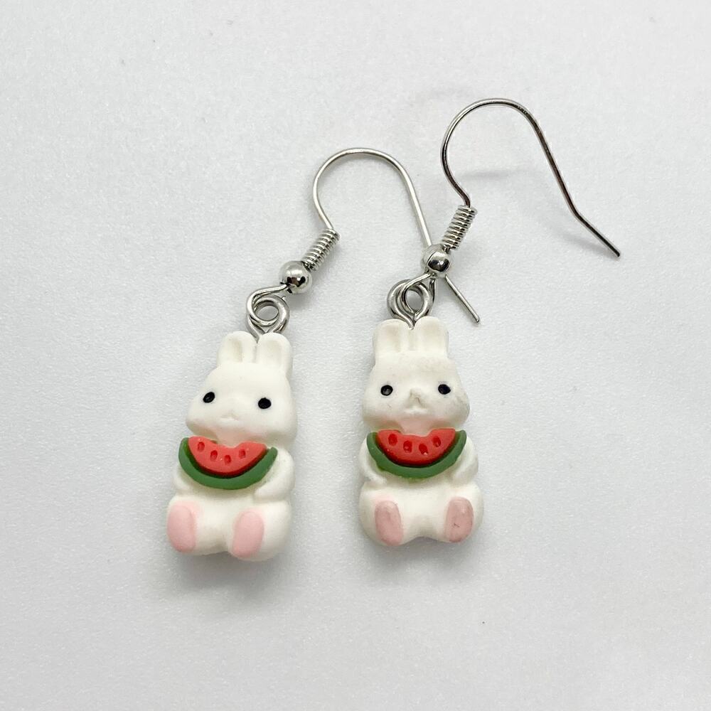 Bunny Rabbit Watermelon Dangle Earrings Polymer